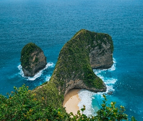 Klif, Skały, Indonezja, Morze, Roślinność, Nusa Penida, Plaża Kelingking Beach