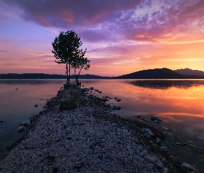 Grecja, Kastoria, Zachód słońca, Jezioro Kastoria, Wzgórza, Drzewa