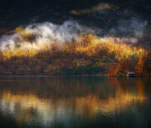 Jezioro, Jesień, Drzewa, Mgła, Dom