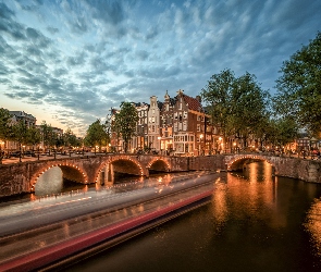 Rzeka, Amsterdam, Holandia, Latarnie, Miasto, Domy, Poranek, Most