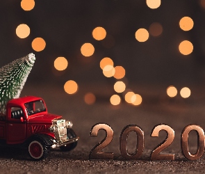 Choinka, Samochód, Cyfry, Bokeh, Czerwony, Nowy Rok, 2020