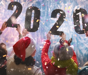 Nowy Rok, Cyfry, Konfetti, Ludzie, Fajerwerki, 2020