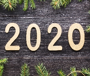 Nowy Rok, Sylwester, Deski, Zielone, Gałązki, Koraliki, 2020