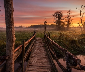 Rzeka, Zachód słońca, Drzewa, Mgła, Mostek