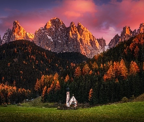 Las, Kościół św. Jana, Włochy, Masyw Odle, Góry Dolomity, Zachód słońca, Dolina Val di Funes