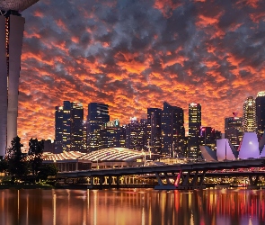 Singapur, Wschód słońca, Zatoka Marina Bay, Wieżowce, Hotel Marina Bay Sands