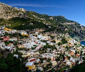 Góry, Wybrzeże, Salerno, Domy, Morze, Włochy, Amalfi
