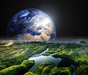 Planeta, Skały, Kosmos, Woda, Roślinność, Ziemia, Fotomontaż, Zielona