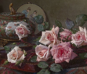 Obraz, Kot, Malarstwo, Figurka, Różowe, Pascal De Beucker, Róże, Szkatuła
