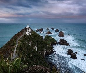 Nowa Zelandia, Morze, Chmury, Nugget Point Lighthouse, Skały, Latarnia morska