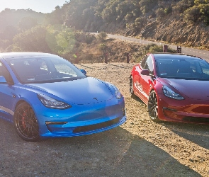 Samochody, Tesla Model 3, Niebieska, Czerwona, Dwa