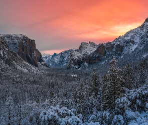 Dolina Yosemite Valley, Stan Kalifornia, Lasy, Stany Zjednoczone, Zachód słońca, Drzewa, Park Narodowy Yosemite, Zima, Góry