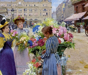 Malarstwo, Obraz, Kwiaty, Kobiety, Ulica, Domy, Louis Marie de Schryver