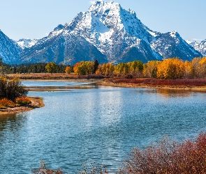 Stan Wyoming, Jesień, Rzeka Snake River, Stany Zjednoczone, Drzewa, Park Narodowy Grand Teton, Góry Teton Range