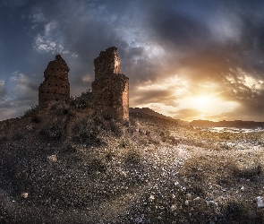 Zamek Alcazaba de Villavieja, Ruiny, Rejon Andaluzja, Zachód słońca, Gmina Berja, Hiszpania, Prowincja Almeria