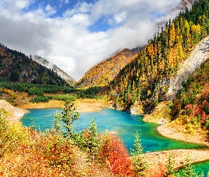 Drzewa, Wzgórza, Park Narodowy Jiuzhaigou, Chiny, Jezioro, Góry
