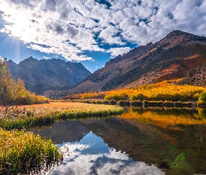 Stany Zjednoczone, Jezioro, Wschód słońca, North Lake, Chmury, Drzewa, Kalifornia, Eastern Sierra, Góry