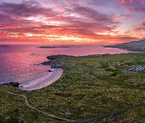 Morze, Zachód słońca, Wybrzeże, Tra Dhearg Beach, Hrabstwo Donegal, Plaża, Irlandia, Chmury
