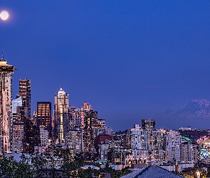 Stan Waszyngton, Space Needle, Stany Zjednoczone, Wieża, Księżyc, Seattle, Pełnia, Wieżowce