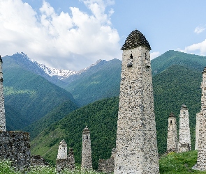 Erzi, Drzewa, Wieże obronne, Rosja, Góry, Ruiny, Inguszetia, Kaukaz, Skały