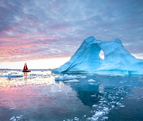 Żaglówka, Wschód słońca, Góra lodowa, Disko Bay, Grenlandia, Zatoka, Dania, Ilulissat