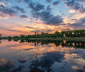 Chatfield State Park, Wschód słońca, Park stanowy, Chatfield Lake, Kolorado, Jezioro, Stany Zjednoczone, Drzewa