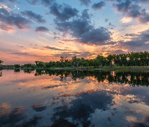 Chatfield Lake, Chatfield State Park, Park stanowy, Stany Zjednoczone, Drzewa, Wschód słońca, Kolorado, Jezioro