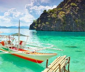 Skały, Morze, Filipiny, Laguna, Wyspa Coron, Palawan, Łódka