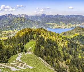 Niemcy, Drzewa, Dolina, Jezioro Tegernsee, Lasy, Alpy, Bawaria, Tegernsee, Góry