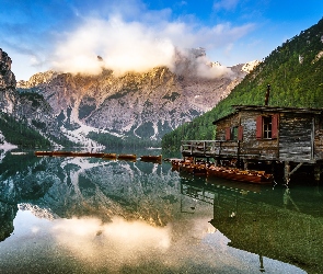 Dolomity, Pomost, Włochy, Lago di Braies, Drewniany, Łódki, Południowy Tyrol, Domek, Góry, Jezioro, Pragser Wildsee
