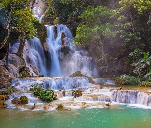 Wodospad, Kuang Si Falls, Laos, Rzeka, Drzewa, Skały