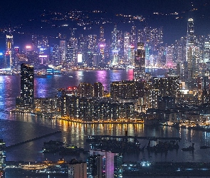Noc, Hongkong, Victoria Harbour, Chiny, Rzeka Perłowa, Port, Miasto nocą, Wieżowce, Zatoka