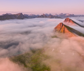 Góry, Szczyt, Norwegia, Wyspa, Senja, Mgła