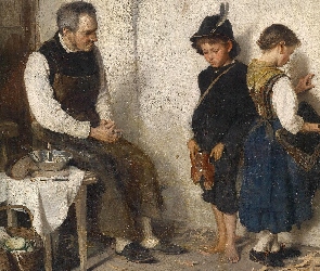 Malarstwo, Obraz, Izba, Mężczyzna, Dzieci, Gustav Igler