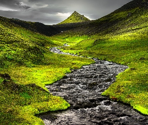 Islandia, Rzeka, Zielone, Wyżyny Islandii, Łąki, Góra