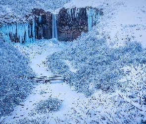 Zima, Park Narodowy Vatnajokull, Most, Islandia, Rzeka, Sople, Wodospad, Svartifoss Falls, Skały