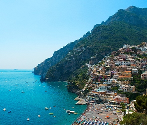 Prowincja Salerno, Włochy, Łódki, Morze, Góry, Domy, Positano