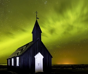 Kościół Budakirkja, Zorza polarna, Islandia, Hofn