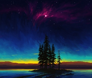 Jezioro, Wyspa, Grafika, Niebo, Gwiazdy, Księżyc, Drzewa