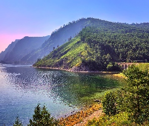 Most, Jezioro, Wzgórze, Góry, Lasy, Drzewa