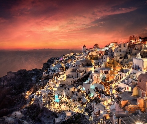 Grecja, Santorini, Morze, Zachód słońca, Miasteczko, Domy
