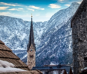 Góry, Dachy, Wieża, Zima, Domy, Kościół, Zegar