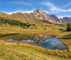 Dolomity, Góry, Włochy, Drzewa, Łąka, Gmina Santa Cristina Val Gardena, Jezioro Lech Sant