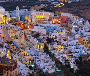 Grecja, Santorini, Oświetlone, Domy