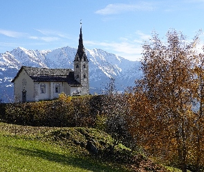Drzewo, Góry, Szwajcaria, Kościół, Kanton Gryzonia, Alpy