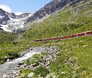 Bernina Express, Rzeka, Pociąg, Alpy Engadyńskie, Kanton Gryzonia, Góry, Szwajcaria, Dolina