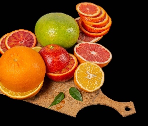 Owoce, Czarne, Listki, Tło, Deska, Cytryna, Cytrusy, Grejpfruty, Pomarańcza