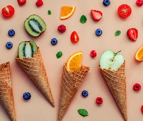 Świeże, Rożki, Wafelki, Pokrojone, Owoce