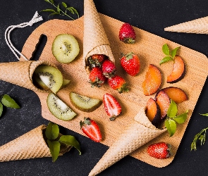 Owoce, Deska, Jedzenie, Rożki, Ciemne, Wafle, Tło, Listki