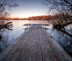 Jezioro, Drzewa, Jesień, Pomost